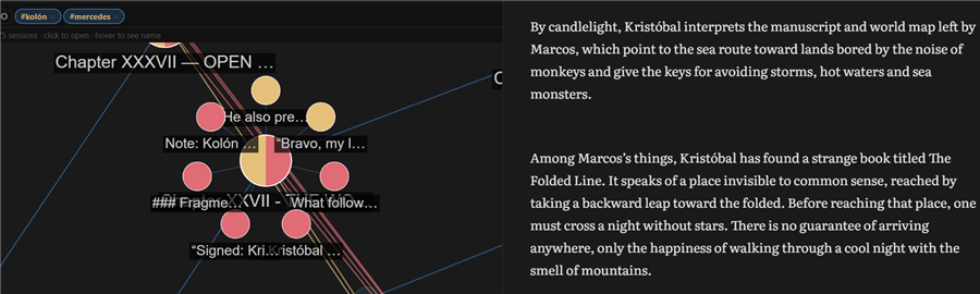 Graph — a session expanded into its orbit of paragraphs (the ones containing the keyword) next to the editor